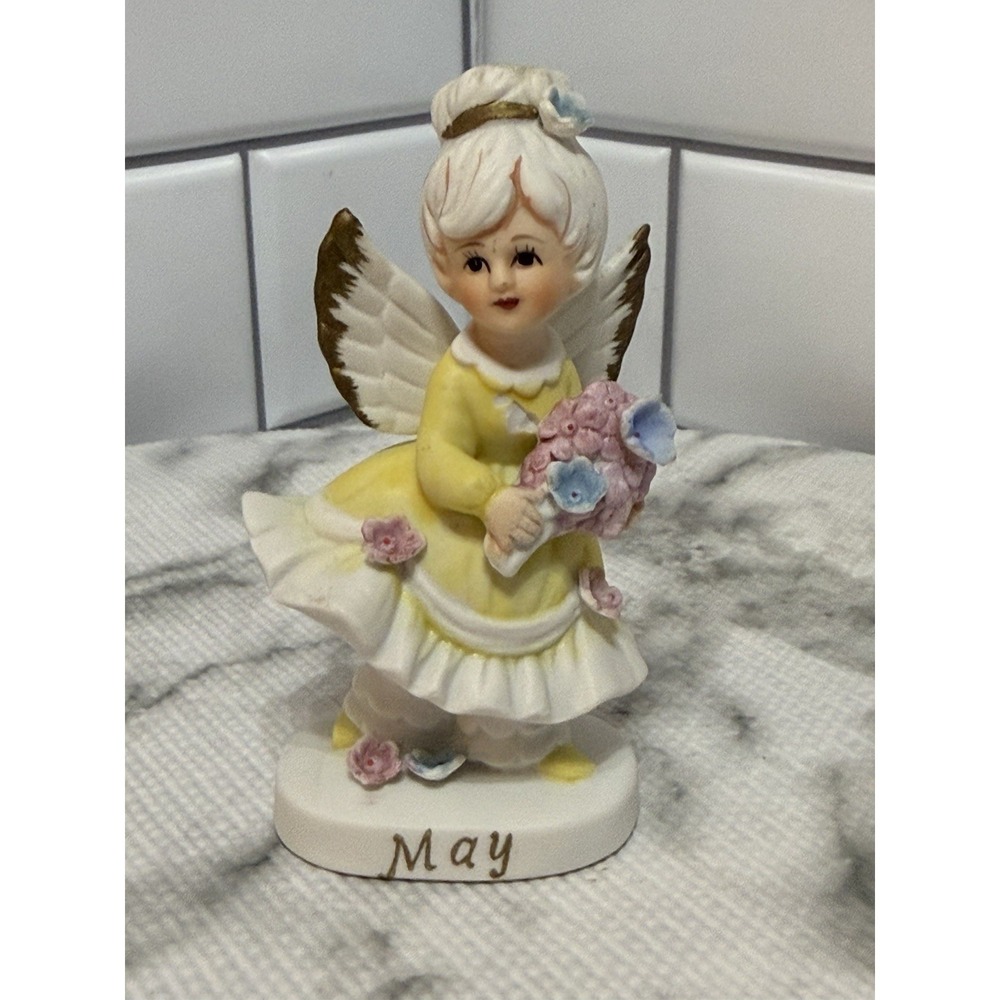 Vintage Lefton May Angel Figurine Japan Flowers Yellow Dress Gold Wings